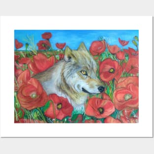 Wolf and Red Poppies Posters and Art